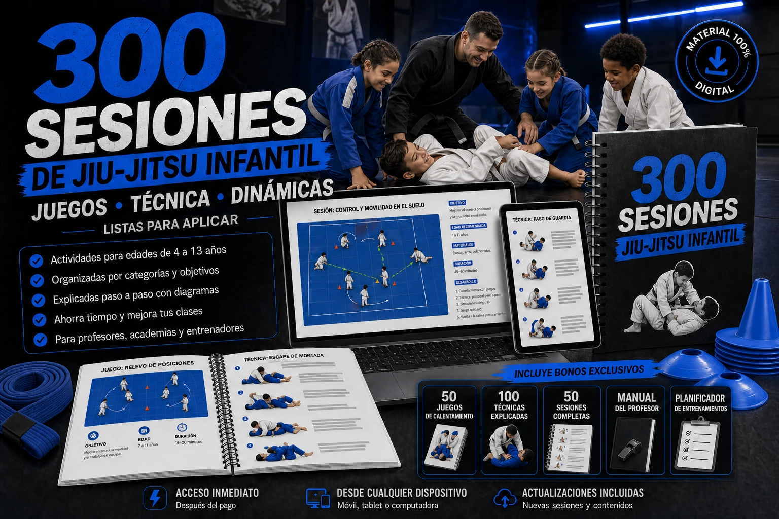 Mockup completo de 300 sesiones de jiu-jitsu infantil con caderno, fichas, notebook y tablet
