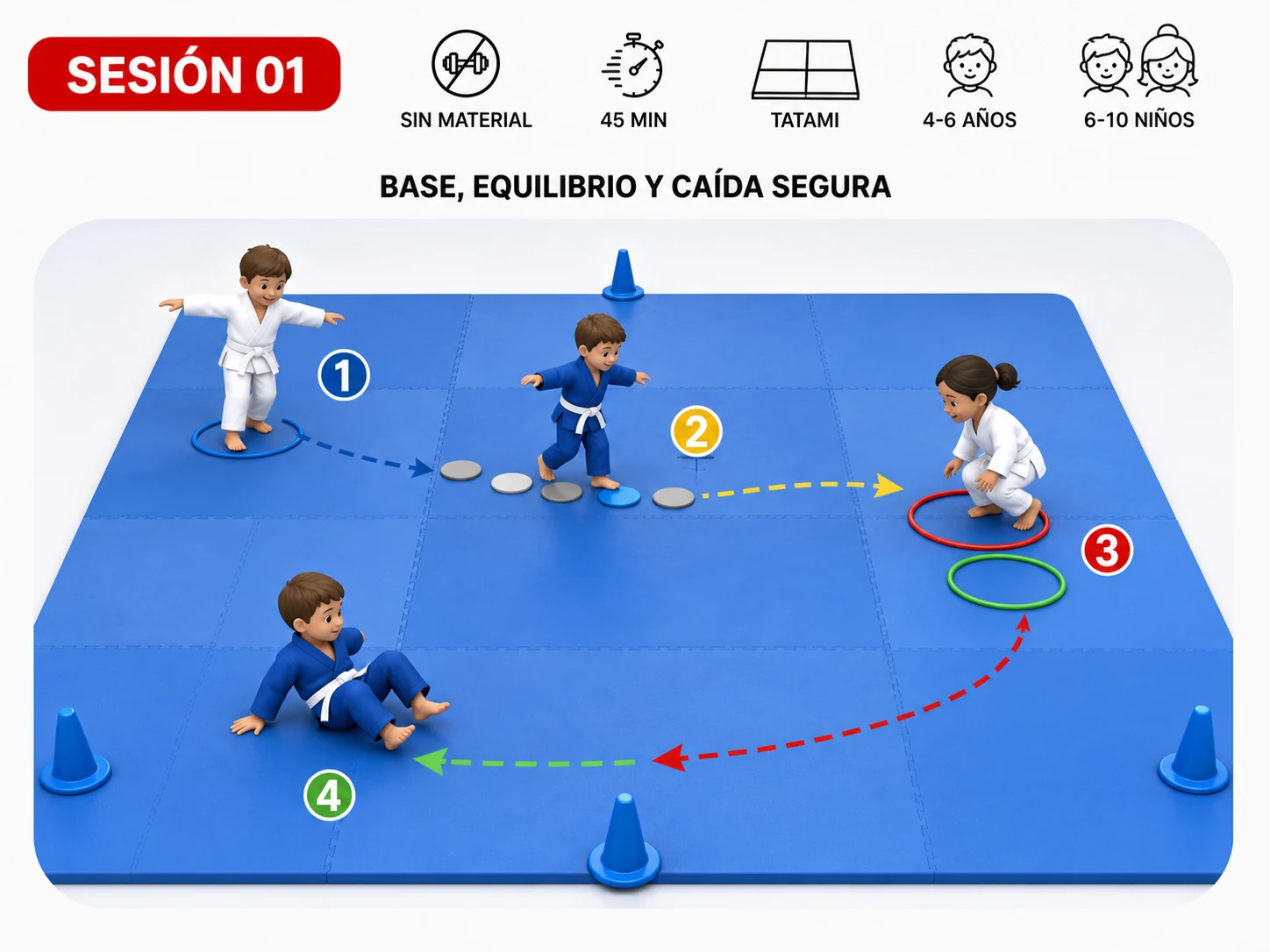 Ficha visual de la sesión infantil: Base, equilibrio y caída segura, para 4-6 años